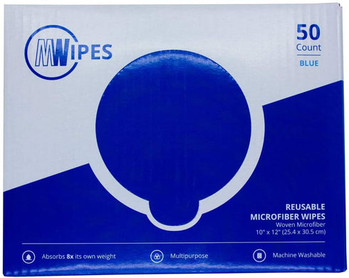 Microfiber Rags in A Box (50 Count) - Mwipes - 10" x 12" Reusable Wipes for Cleaning - Edgeless Terry Towels, Shop Rags, Wash, Dust, Disposable, House, Small Cleaning Cloths (Blue)
