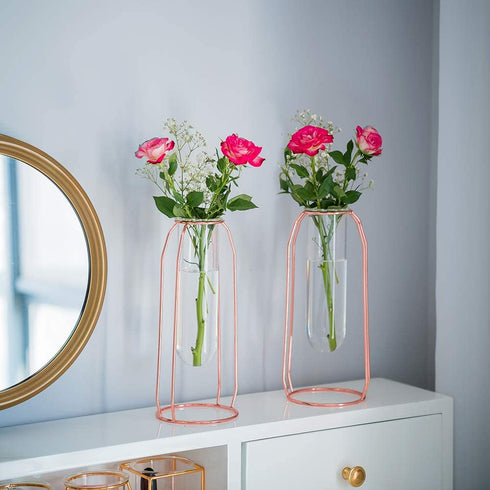 NUPTIO Vases Set of 2 Glass Vases with Metal Frame 23.5cm Height, Modern Rose Gold Frame Cylinder Clear Vase Planter Terrariums, Flower Holder Decorations for Wedding Living Room, Office, Party