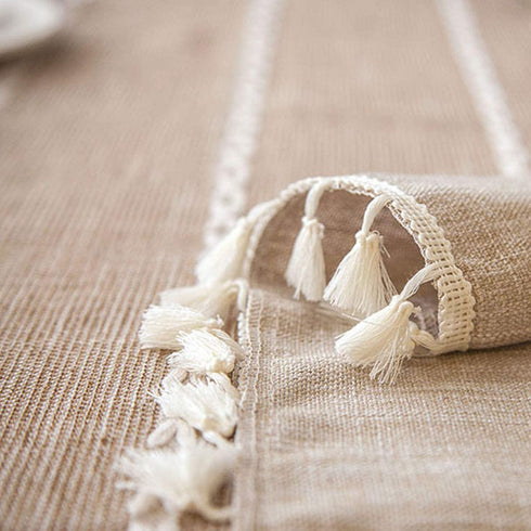 Fhberni Cotton Linen Stitching Tassel Tablecloth Embroidery Square Table Cover for Party Kitchen Dining Room Tabletop Decoration (Light Coffee, 55 x 55 Inch)