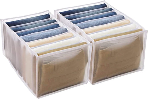 Clothes Organizer, Washable Wardrobe Clothes Organizer,Jeans Compartment Storage Box,Foldable Closet Drawer Organizer Clothes Drawer Mesh Separation Box (2 X jeans with 7 Grids-Large, White)