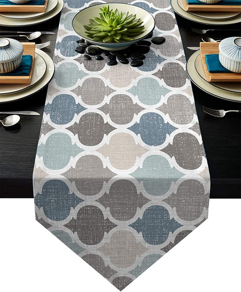 HELLOWINK 90Inch Burlap Table Runners for Dinning Room, Blue Gray, Cotton Linens Table Runner Table Cloth for Wedding Party Holiday Home Decor(Moroccan Plaid Geometric)