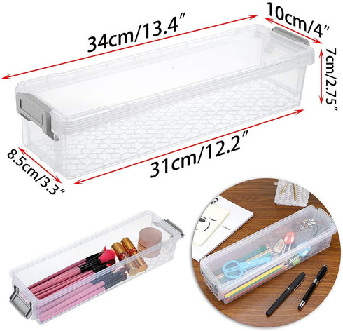 BTSKY Long Plastic Stackable Box Home, Office Supplies Storage Organizer Box Pencil Box Plastic Organizer Holder for Gel Pens Erasers Tape Pens Pencils Markers etc- 3 Pack - Clear with Grey Clip