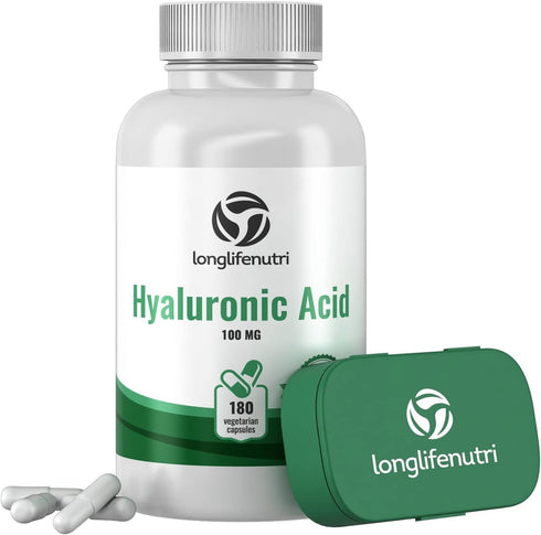 Hyaluronic Acid 100 mg 180 Vegetarian Capsules | Supports Knees & Joints | Skin Complex Tablets | Triple Strength HA Supplement For Face Elasticity | Acido Hialuronico Pills | Oral Powder Vitamin 1000