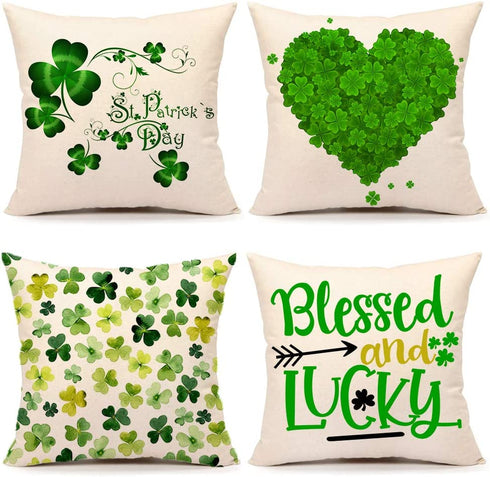 4TH Emotion Spring St. Patrick's Day Throw Pillow Covers Farmhouse Cushion Case for Sofa Couch 18 x 18 Inches Polyester Linen Set of 4