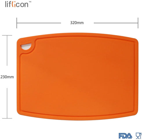 Liflicon Thick Silicone Cutting Board 12.6'' x 9.1'' Juice Grooves Easy Grip Handle Dishwasher Safe-Orange