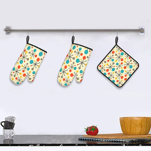 Mid Century Fifties Modern Atomic Retro Colors Oven Mitts and Pot Holders Sets Heat Resistant 3 Pcs Kitchen Sets for Kitchen,Cooking,Baking,Grilling,Cooks Gifts