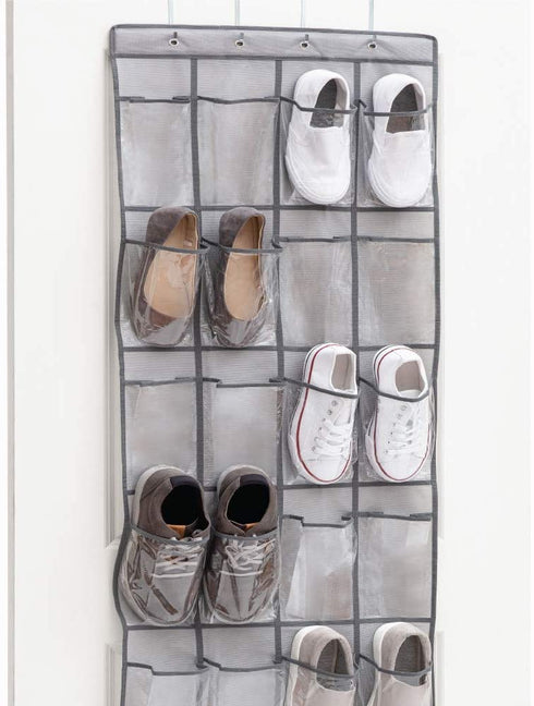 Gorilla Grip Crystal Clear Large 24 Pocket Shoe Organizer, Holds Up to 40 Pounds, Sturdy Hooks, Space Saving, Over Door, Storage Rack Hangs on Closets for Shoes, Sneakers or Accessories, Gray