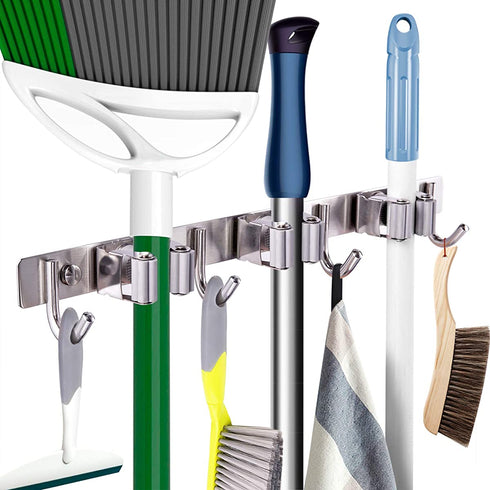 Mop Broom Holder Heavy Duty Hooks Hanger Wall Mount 17 Stainless Steel Organizer for Home Laundry Bathroom Kitchen Garage Garden Utility Tools Rack Storage Durable Piyl