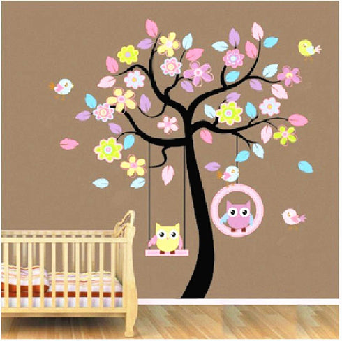 Owl Tree Wall Stickers Decals,Owl On Tree Branch Wall Decals,Animal Jungle Theme Wall Art Vinyl Wall Stickers for Nursery Kids Room Decor