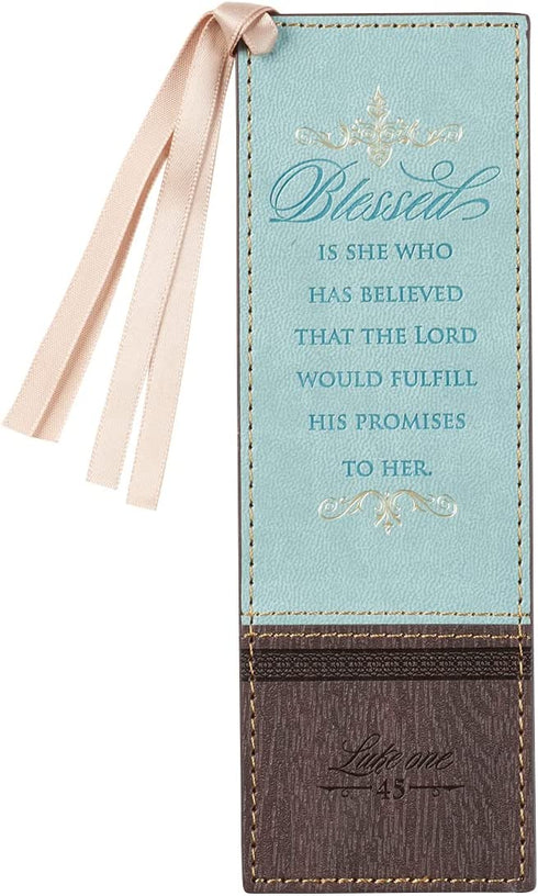 Christian Art Gifts Faux Leather Bookmark Blessed is She Luke 1:45 Bible Verse w/Satin Ribbon Tassel, Blue
