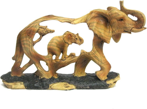 Elephant and Baby Walking in The Wild Faux Wood Figurine