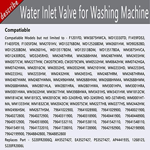 5220FR2006H Hot Water Inlet Valve Assembly (GENUINE ORIGINAL VERSION) ReplaceAP4441935 1268123 5220FR2006L 5220FR2006Q PS3527427 79640272900 79640318900 WM3677HW WM2301HR WM2277HB WM2487HWM