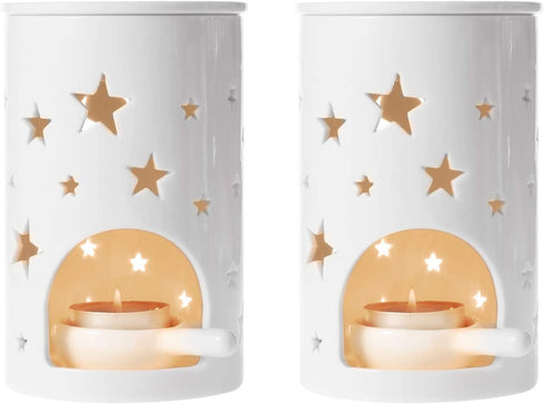 T4U Ceramic Tealight Candle Holder Oil Burner, Essential Oil Incense Aroma Diffuser Furnace Home Decoration Romantic White Set of 2, Star Pattern