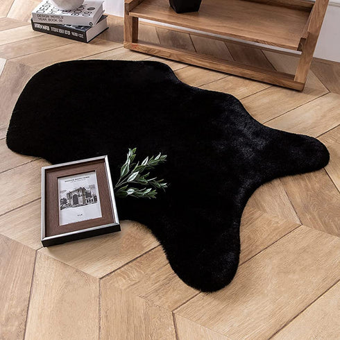 Rainlin Ultra Soft Fluffy Faux Fur Sheepskin Area Rug Modern 2x3 Shaggy Chair Couch Cover Seat Cushion Furry Beside Rugs Non-Slip Mat for Bedroom Floor Sofa Living Room, Black
