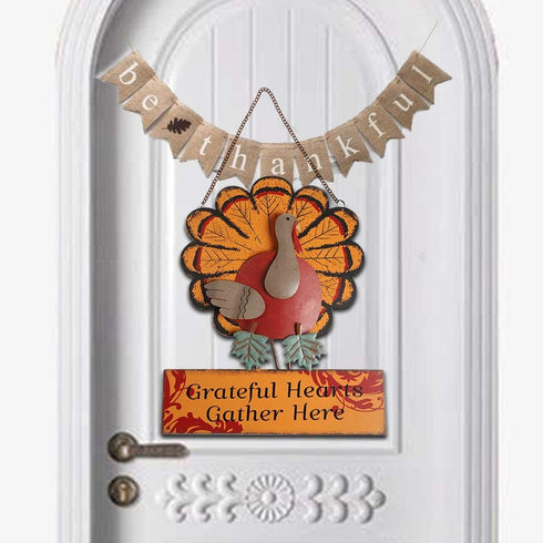 MorTime Thanksgiving Hanging Turkey Wall Decor Welcome Sign, 15" Metal Hanging Turkey Art Door Wall Sculpture, Harvest Turkey Decor for Home Office Thanksgiving Decorations