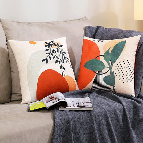 RoomTalks 2PCS Modern Boho Decorative Throw Pillow Covers 18x18 Aesthetic Abstract Art Bed Sofa Couch Square Accent Linen Pillow Cover Cute Plants Contemporary Scatter Cushion Cases, Terracotta