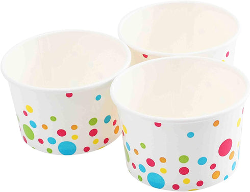 Paper Ice Cream Cups (Polka Dots Design) - 100-Count - 8 oz Disposable Dessert Bowls for Hot or Cold Food, 8-Ounce Party Supplies Treat Cups for Sundae, Frozen Yogurt, Soup, White