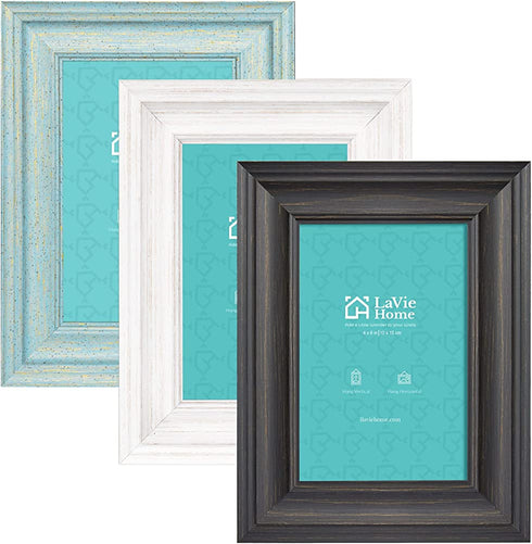 LaVie Home 4x6 Picture Frames (3 Pack, Assorted Colors) Rustic Wood Grain Photo Frame Set with High Definition Glass for Wall Mount & Table Top Display