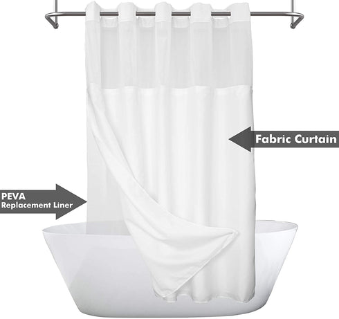 No Hooks Needed Shower Curtain with Snap-in PEVA Liner Set - Hotel Style with See Through Top Window, Slub Textured Outer Curtain & Waterproof Inner Liner, White, 71x74