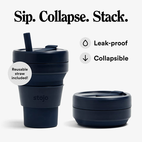 Stojo Collapsible Travel Cup With Straw Denim Blue, 16oz / 470ml - Reusable To-Go Pocket Size Silicone Bottle for Hot and Cold Drinks - Perfect for Camping and Hiking - Microwave & Dishwasher Safe