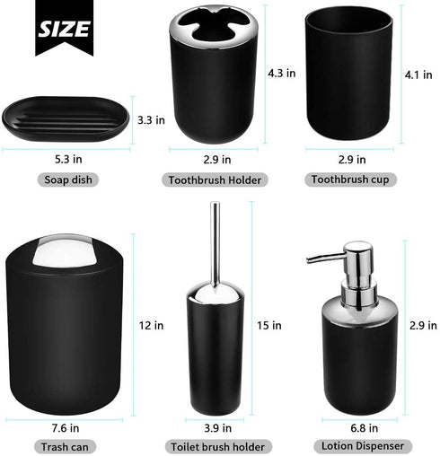 Papillon Bathroom Accessories Set-6 Piece Plastic Gift Set Toothbrush Holder,Toothbrush Cup,Soap Dispenser,Soap Dish,Toilet Brush Holder,Trash Can,Tumbler Straw Set Bathroom (Black)