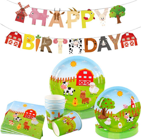 JeVenis 33 PCS Farm animals Party Supplies Farm animals Party Plates and Napkin Farm animals Birthday Banner