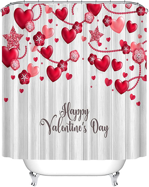 Valentine's Day Shower Curtain Farmhouse Romantic Red Love Hearts Floral Bathroom Curtains, Rustic Vintage Wooden Shiny Star Fabric Shower Curtain Set, 72 x 72 Inch