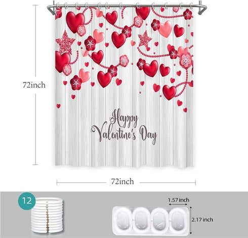 Valentine's Day Shower Curtain Farmhouse Romantic Red Love Hearts Floral Bathroom Curtains, Rustic Vintage Wooden Shiny Star Fabric Shower Curtain Set, 72 x 72 Inch