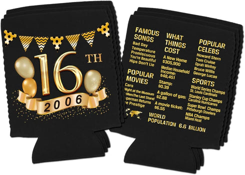 Yangmics 16th Birthday Can Cooler Sleeves Pack of 12-2006 Sign - 16th Birthday Party Supplies - 16th Anniversary Decorations - Black and Gold Sixteenth Birthday Cup Coolers