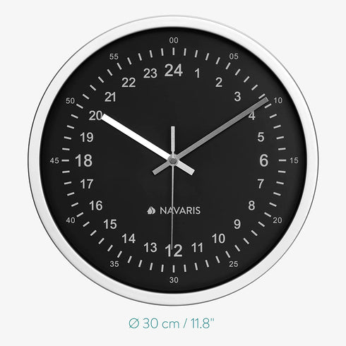 Navaris 24 Hour Wall Clock - 11.8" Analog Military Time Clock with Silent Movement Non-Ticking Hands - Battery Operated - Silver Frame with White Face