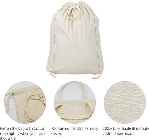 2 Pcs Canvas Laundry Bags with Carrying Handles & Drawstring Closure, Machine-washable Laundry Lining Bags for Laundry Hamper or Baskets