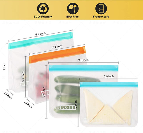 WIINXING Reusable Food Storage Bags- 12 Pack BPA FREE Stand Up and Flat Freezer Bags( 6 Large Leakproof Sandwich Bags + 6 Medium Food Grade Kids Snack Bags) Resealable Lunch Bag for Meat Fruit Veggies