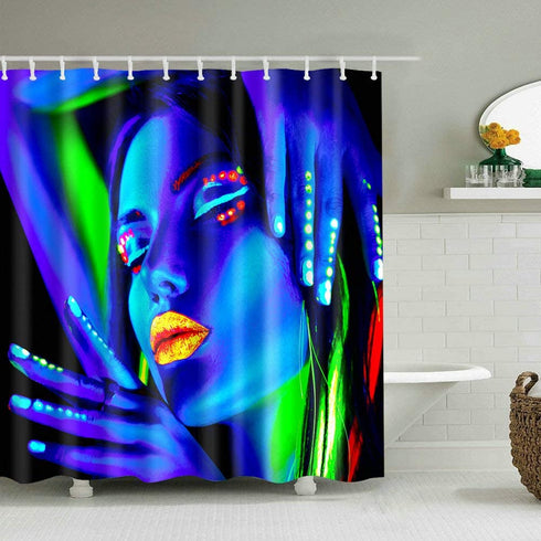 Fangkun Shower Curtain Art Bathroom Blue Decor Set - Polyester Fabric Cool Beautiful Girl with Fluorescent Lights Design Bath Curtains - 12pcs Shower Hooks - 72 x 72 inches