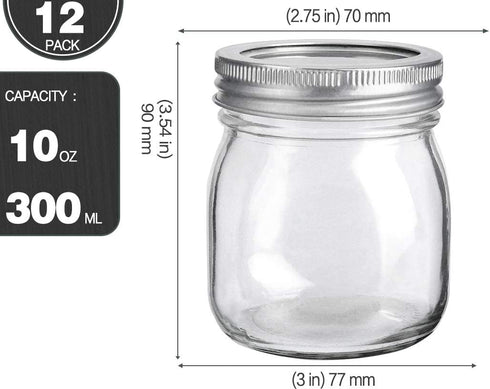KAMOTA Mason Jars 10 oz With Regular Lids and Bands, Ideal for Jam, Honey, Wedding Favors, Shower Favors, Baby Foods, DIY Magnetic Spice Jars, 12 PACK, 20 Whiteboard Labels Included