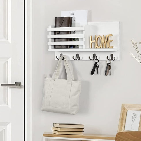 Lwenki Key & Mail Holder for Wall - Rustic Natural Paulownia Wood, 4 Double-Hook Hangers - Wall Mounted Organizer for Decor, Bags, Accessories - Hardware & Manual Included (White)