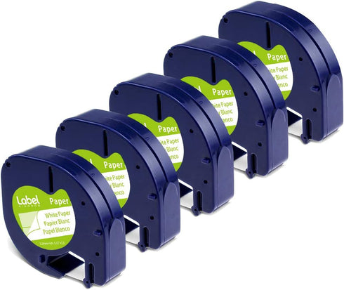 Label Kingdom Label Tape Replace for DYMO LetraTag White Paper Refill 91330 10697, 1/2" x 13' 12mm x 4m Black on White Label Maker Tape for dymo Letra Tag LT-100H Plus Printer, 5-Pack
