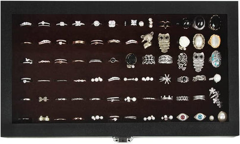 JackCubeDesign Jewelry Ring Display Organizer Storage Box Case Tray Holder with 72 Slot Ring Display(Black, Inside Brown Velvet, 14.7 x 8.3 x 1.97 inches)-:MK248B