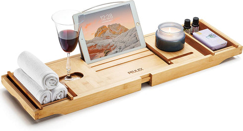 PEULEX Bathtub Tray- Bath Caddy Comes With Book, Soap Dish & Wine Glass Holder, Expandable Hot Tub Tray Designed With Premium Bamboo, For Luxurious Bathing, Great For Bath Lovers & Gift For Loved Ones