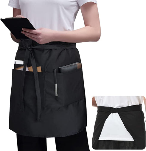 ROTANET Waist Apron with 3 Pockets Black Bistro Apron Long Server Apron Half Wide Extra Large Waterproof Multi Pack