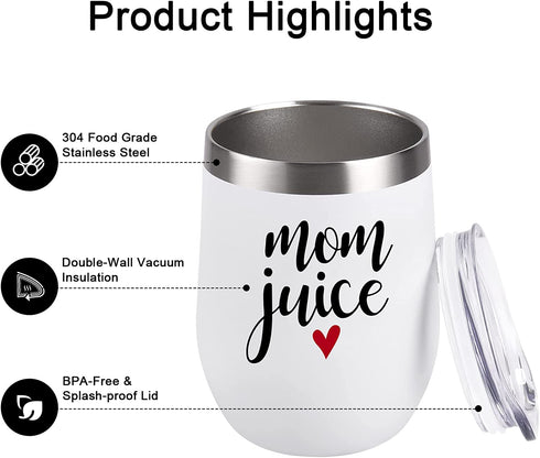 Qtencas Mom Gifts, Mom Juice Wine Tumble and Mom Fuel Coffee Mug Set, Mother's Day Birthday Christmas Gift for Mom New Mom Mother to be Wife Women, White Insulated Stainless Steel Wine Tumbler and Mug