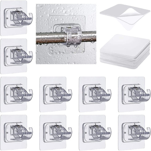 10 Pcs No Drill Curtain Rod Brackets, Adhesive Curtain Rod Holder, No Nail Curtain Rod Brackets Fixing Holders, Drapery Wall Clamp Hook for Curtain Rod with 10 Acrylic Double-Sided Tape (Transparent)