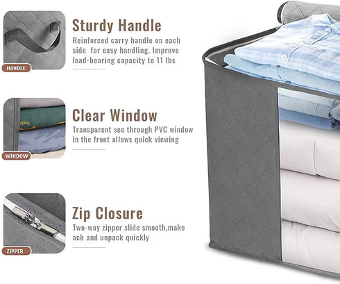 SGHUO Foldable Comforter Storage Bag, 4 Pack Large Organizers for Blankets, Pillow, Quilts, Linen, Storage Containers with Thick Fabric, Sturdy Zipper, Reinforced Handles, Clear Window, Grey, 90L