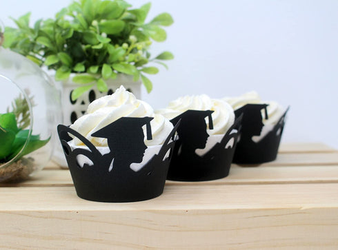 All About Details Female Graduate Cupcake Wrappers,12pcs (Black), 3" top diameter, 2" bottom diameter and up to 2" tall, Black & Gold