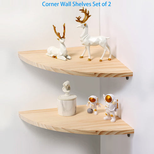 Wood Corner Wall Shelves Set of 2, Solid Wood Corner Floating Shelves for Wall, Round End Wall Mounted Floating Corner Shelf for Bedroom, Living Room and Kitchen (10 inch)