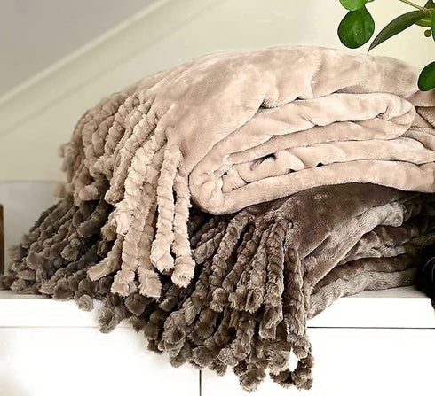 Odds & Ends Home Fleece Blanket Twin Size with Tassels - Super Soft Plush Tan Throw Blankets for Bed, Sofa, Couch, Outdoor, 60x87 Inches