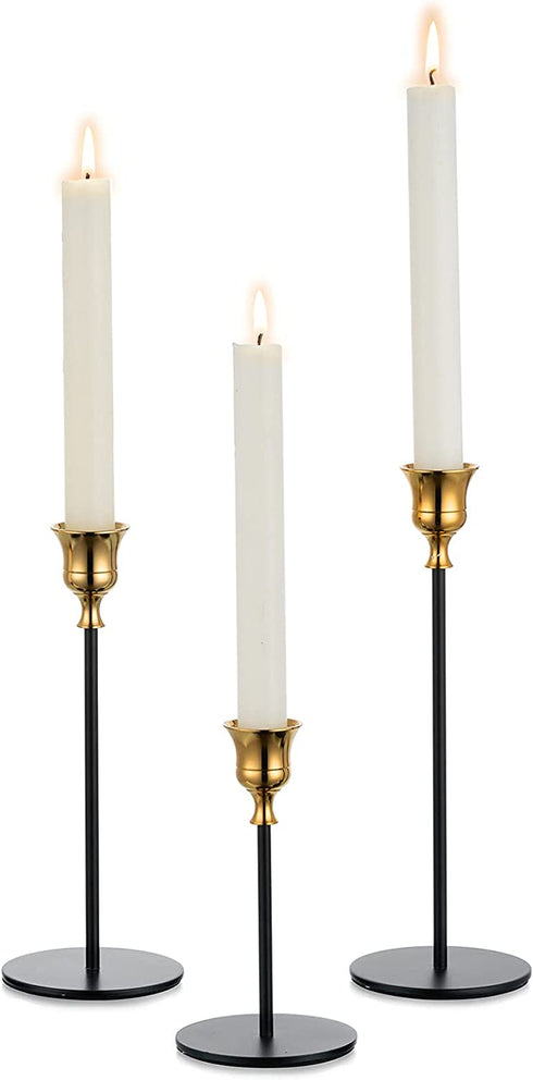 Romadedi Candlestick Holders for Taper Candle - Set of 3 Gold and Black Decorative Candle Stick Holder for Home Mantel Dinning Table Christmas Wedding Centerpiece Decorations, 5.8/8/8.8™™ Tall