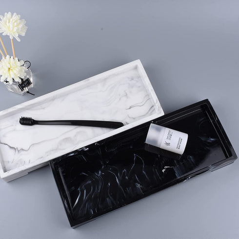 Mightree Vanity Tray Toilet Tank Tray, Black Elegant Marble Pattern Bathtub Tray, Vanity Bathroom Organizer for Collect Small Things, Make-up Desk Tray, Resin Dresser Jewelry Tray, Medium Size