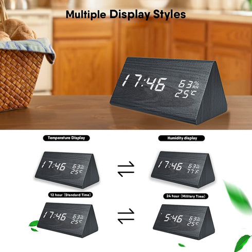 Everwood Wooden Digital Alarm Clock with Electronic LED Time Display, Humidity & Temperature Detect for Bedroom, Bedside (Black Triangle)