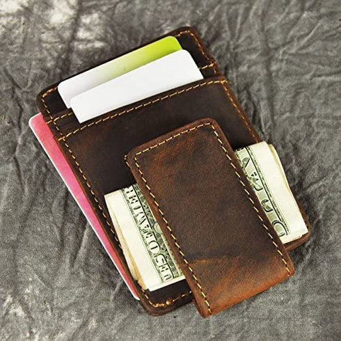 Le'aokuu Mens Genuine Leather Cowhide Magnet Money Clip Credit Case Case Holder Slim Wallet (Dark Brown)
