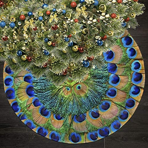 Peacock Feathers Christmas Tree Skirt 36 in for Christmas Decorations Skirt Rustic Xmas Holiday New Year Party Tree Mat Decor Indoor Outdoor Christmas Tree Mats